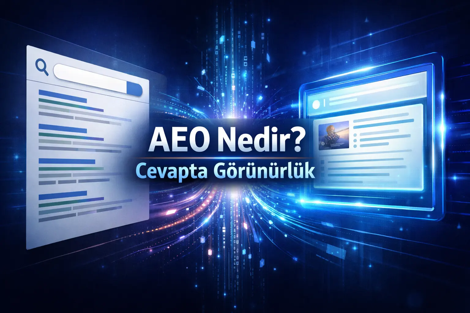 Klasik arama sonuçları ile yapay zekâ destekli cevap görünürlüğü arasındaki farkı temsil eden AEO görseli