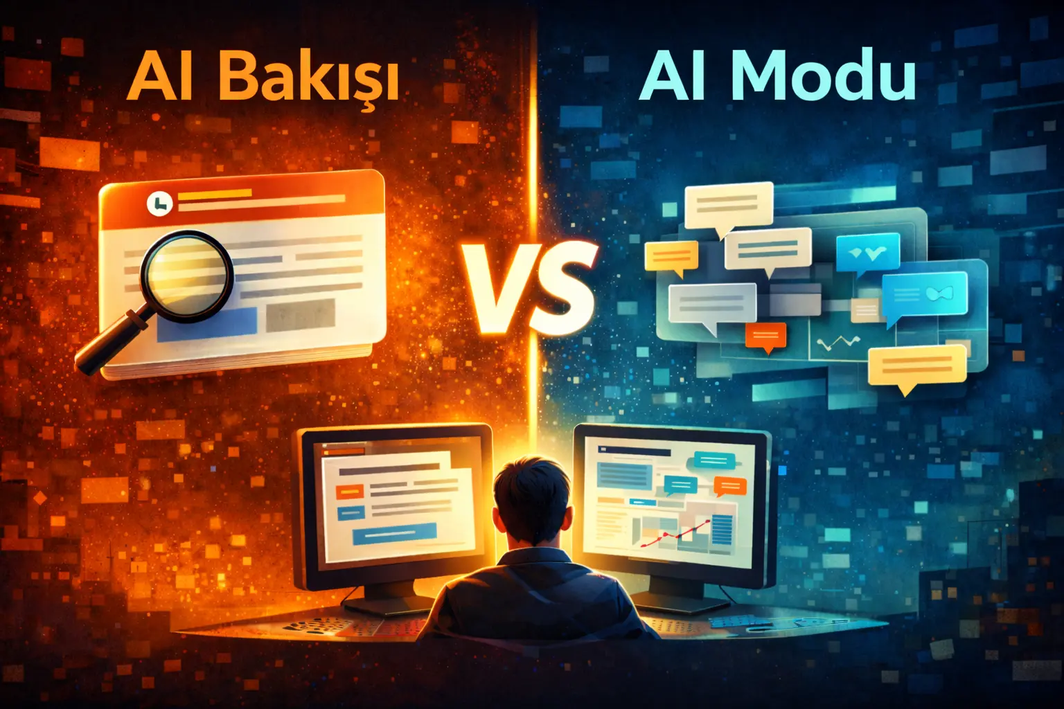 AI Bakışı ile AI Modu arasındaki farkı gösteren yapay zeka destekli Google arama görseli