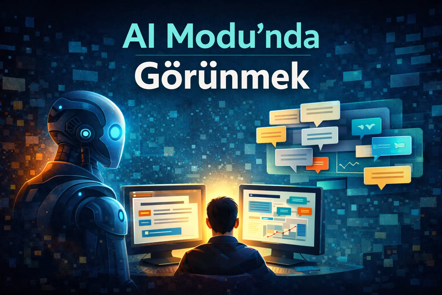 Google AI Modu’nda görünmek için yapılması gerekenleri temsil eden yapay zeka ve arama odaklı kapak görseli