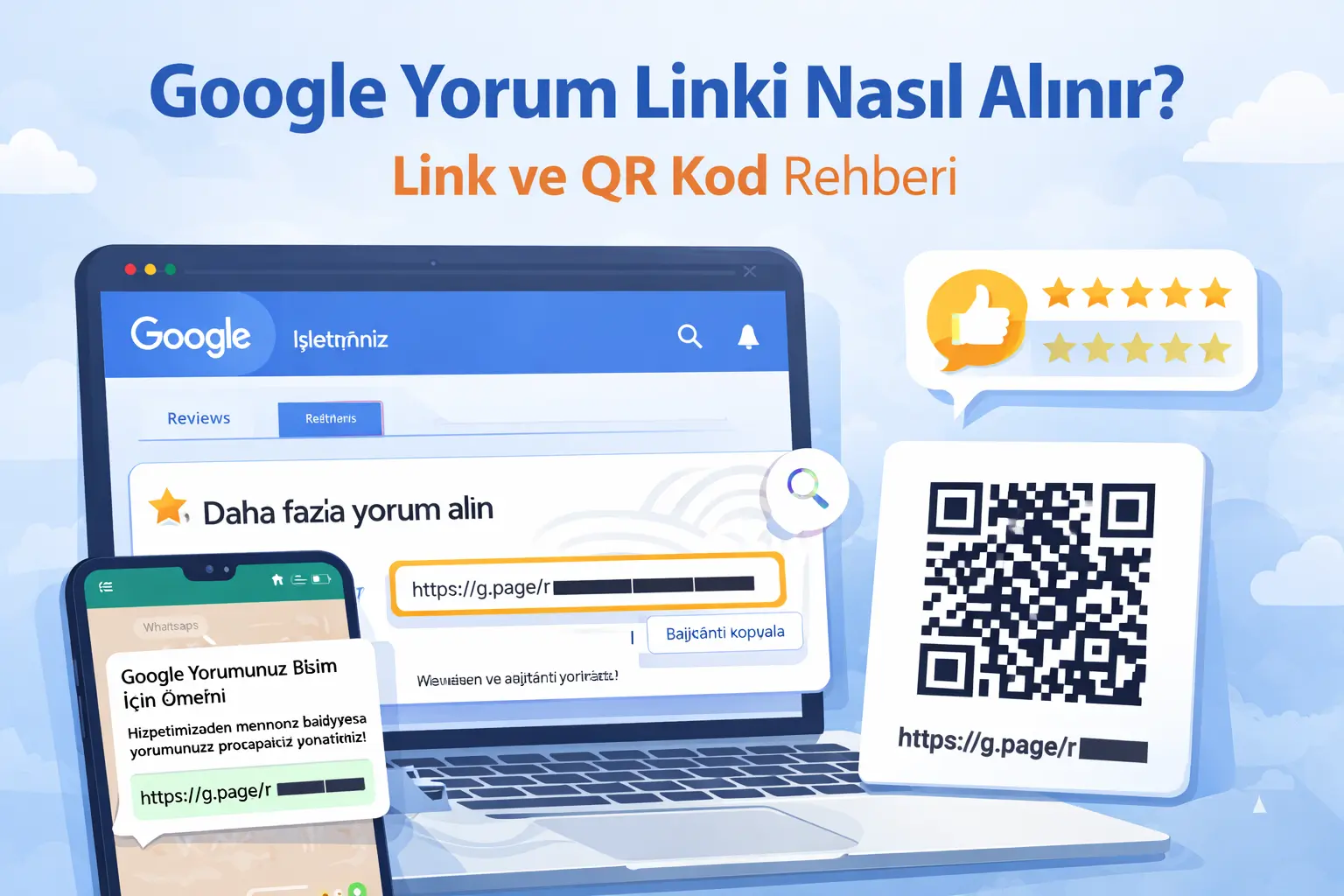 Google yorum linki alma ve QR kod oluşturma sürecini gösteren görsel