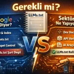 LLMs.txt dosyasının gerekli olup olmadığını ve Google ile sektör yaklaşımını temsil eden teknik SEO görseli