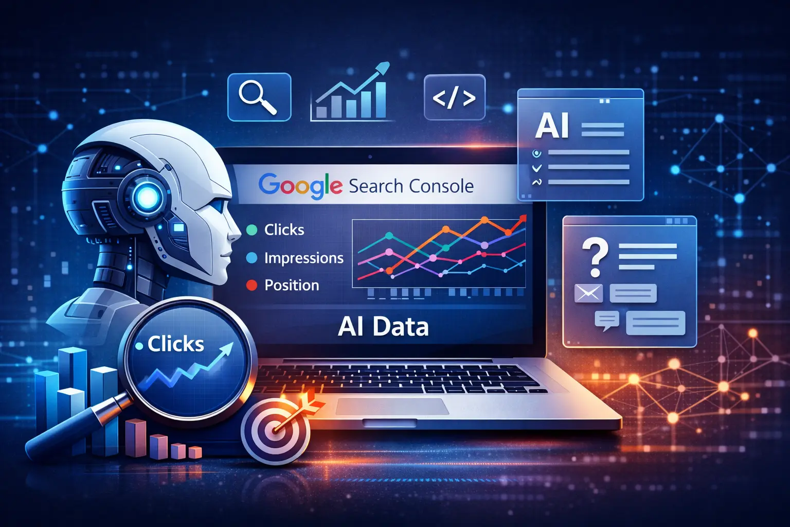 Search Console’da AI Modu ve AI Bakışı verilerinin nasıl okunduğunu temsil eden analiz görseli